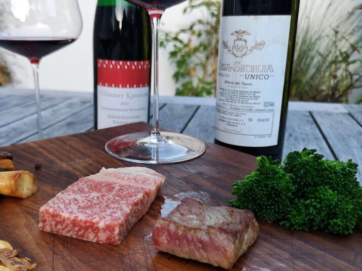 Albers BJR Kobe Wagyu Beef BEEF n WINE Präsentation Brokkoli Steinpilze Meersalz Shiitake Vega Sicilia Unico Ribera del Duero Gran Reserva August Kesseler Spätburgunder Assmanshäuser Höllenberg 2011 1974 Björn Bittner Zalto Burgund Glas